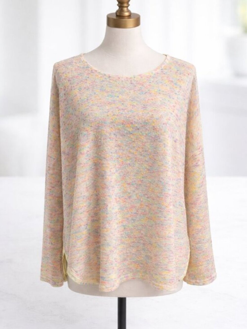 Umgee USA Medium Pastel Multicolor Knit Yellow Sheer Back Boho Tunic Top - Picture 2 of 9